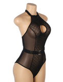 Sexy Egypt Flocked Mesh Halter Neck Crotchless Bodysuit