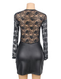 Black Long Sleeves PU Leather Lace Sexy Nightdress