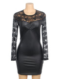 Black Long Sleeves PU Leather Lace Sexy Nightdress