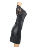Black Long Sleeves PU Leather Lace Sexy Nightdress