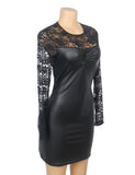 Black Long Sleeves PU Leather Lace Sexy Nightdress
