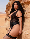 Black Sleeveless Lace Deep V-neck Faux Leather Bodysuit Lingerie Egypt