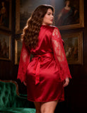 Eyelash Lace Nightdress Egypt Silk Long Sleeves Sleepwear with G String