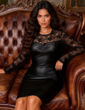 Black Long Sleeves PU Leather Lace Sexy Nightdress