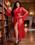Red Sexy Egypt Lace Satin Mesh Long Nightgown With Belt