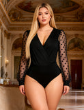 Black Sexy Deep V Neck Polka Dot Mesh Long Sleeves Open Crotch Bodysuit