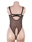 Black Sexy PU Leather Egypt Mesh Hollow Out Open Crotch Bodysuit