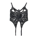 Black Sexy PU Leather Egypt Mesh Hollow Out Open Crotch Bodysuit