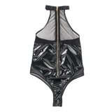 Black Sexy Egypt Halter Neck Zipper PU Leather Mesh Bodysuit