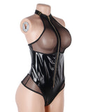 Black Sexy Egypt Halter Neck Zipper PU Leather Mesh Bodysuit