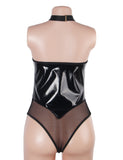 Black Sexy Egypt Halter Neck Zipper PU Leather Mesh Bodysuit