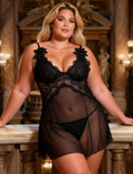 V Neck Black Lace Stitching Strap with Flower Babydoll