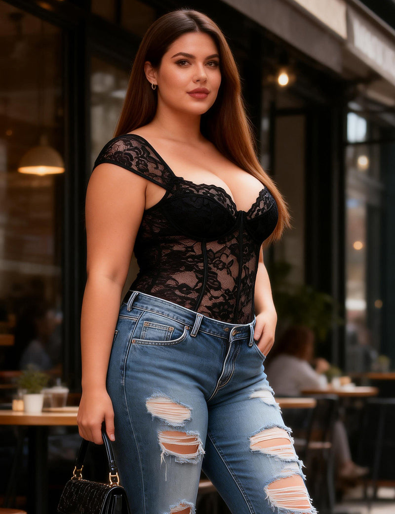 Lace Square-neck Short-sleeve Open-crotch Jumpsuit Egypt