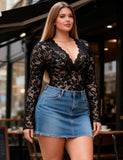 Lace V-neck Long Sleeves Crotchless Bodysuit Egypt