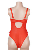 Red Lace Mesh Halter Neck U Shape Backless Ruffled Crotchless Bodysuit