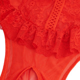 Red Lace Mesh Halter Neck U Shape Backless Ruffled Crotchless Bodysuit