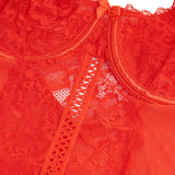 Red Lace Mesh Halter Neck U Shape Backless Ruffled Crotchless Bodysuit