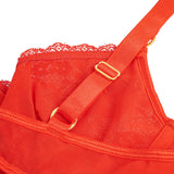 Red Lace Mesh Halter Neck U Shape Backless Ruffled Crotchless Bodysuit