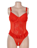 Red Lace Mesh Halter Neck U Shape Backless Ruffled Crotchless Bodysuit