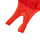 Red Lace Mesh Halter Neck U Shape Backless Ruffled Crotchless Bodysuit