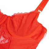 Red Lace Mesh Halter Neck U Shape Backless Ruffled Crotchless Bodysuit