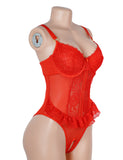 Red Lace Mesh Halter Neck U Shape Backless Ruffled Crotchless Bodysuit