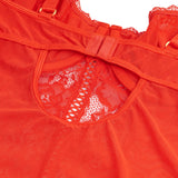 Red Lace Mesh Halter Neck U Shape Backless Ruffled Crotchless Bodysuit