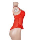 Red Lace Mesh Halter Neck U Shape Backless Ruffled Crotchless Bodysuit