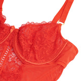 Red Lace Mesh Halter Neck U Shape Backless Ruffled Crotchless Bodysuit