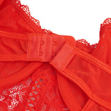 Red Lace Mesh Halter Neck U Shape Backless Ruffled Crotchless Bodysuit