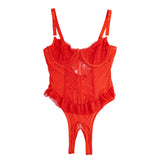 Red Lace Mesh Halter Neck U Shape Backless Ruffled Crotchless Bodysuit