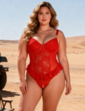 Red Lace Mesh Halter Neck U Shape Backless Ruffled Crotchless Bodysuit