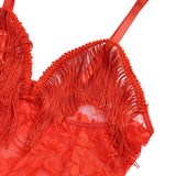 Sexy Lace Tassel Halter Neck Cutout Bodysuit