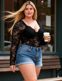 Sexy Lace Deep V Neck Long Sleeves Open Crotch Bodysuit