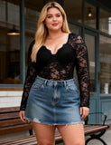 Sexy Lace Deep V Neck Long Sleeves Open Crotch Bodysuit