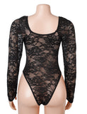 Sexy Lace Deep V Neck Long Sleeves Open Crotch Bodysuit