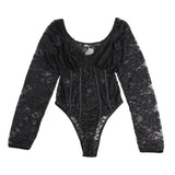 Sexy Lace Deep V Neck Long Sleeves Open Crotch Bodysuit