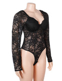 Sexy Lace Deep V Neck Long Sleeves Open Crotch Bodysuit