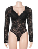 Sexy Lace Deep V Neck Long Sleeves Open Crotch Bodysuit
