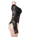 Sexy Lace Deep V Neck Long Sleeves Open Crotch Bodysuit