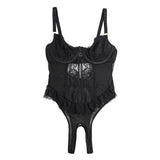 Red Lace Mesh Halter Neck U Shape Backless Ruffled Crotchless Bodysuit