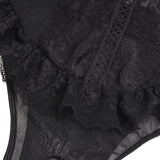 Red Lace Mesh Halter Neck U Shape Backless Ruffled Crotchless Bodysuit