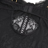 Red Lace Mesh Halter Neck U Shape Backless Ruffled Crotchless Bodysuit