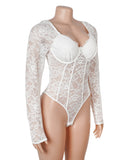 Sexy Lace Deep V Neck Long Sleeves Open Crotch Bodysuit