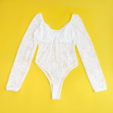 Sexy Lace Deep V Neck Long Sleeves Open Crotch Bodysuit