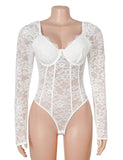 Sexy Lace Deep V Neck Long Sleeves Open Crotch Bodysuit