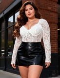 Sexy Lace Deep V Neck Long Sleeves Open Crotch Bodysuit