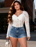 Sexy Lace Deep V Neck Long Sleeves Open Crotch Bodysuit