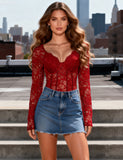 Sexy Lace Deep V Neck Long Sleeves Open Crotch Bodysuit