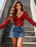 Sexy Lace Deep V Neck Long Sleeves Open Crotch Bodysuit